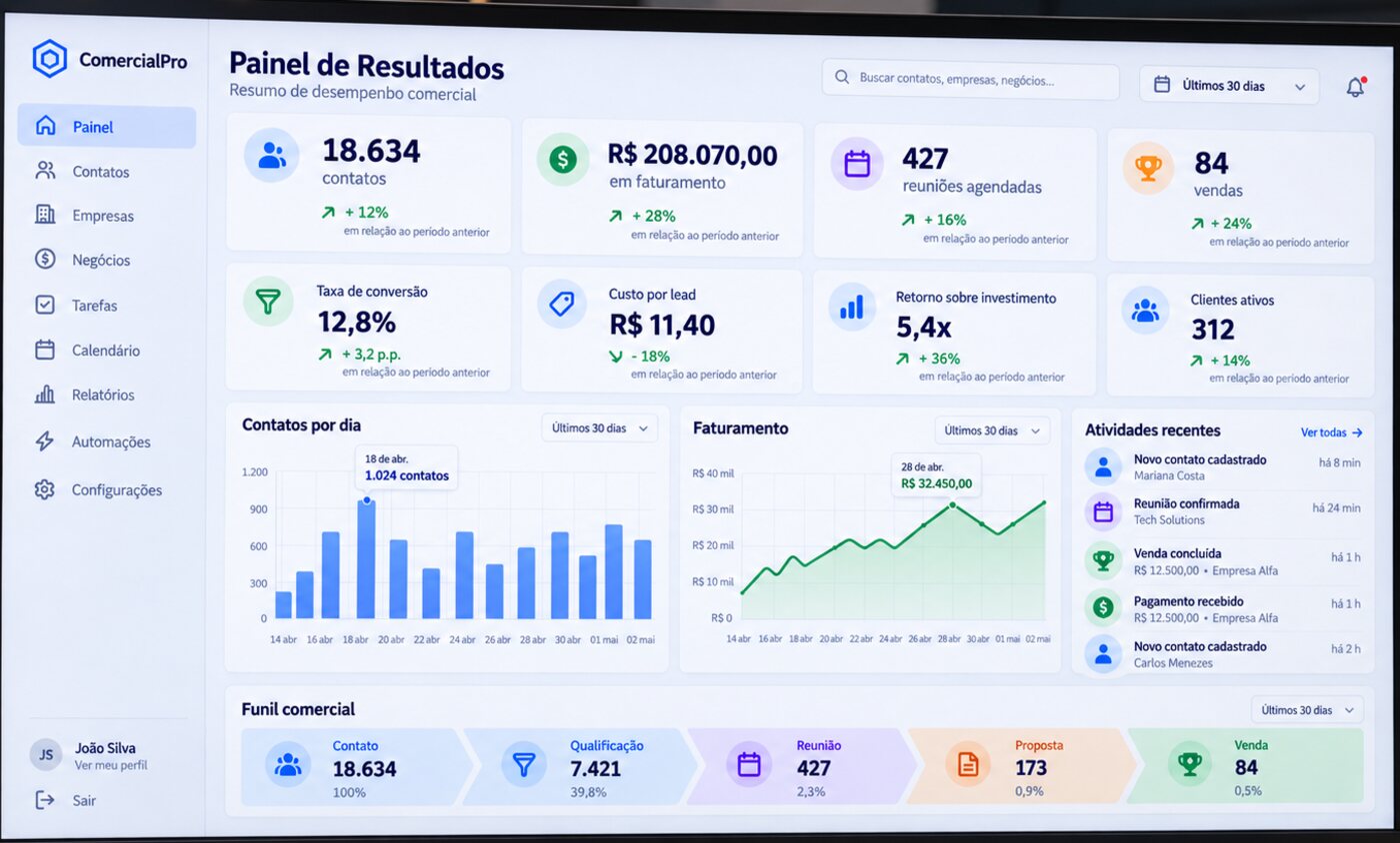 Painel comercial com 18.634 contatos, faturamento, funil e reunioes agendadas