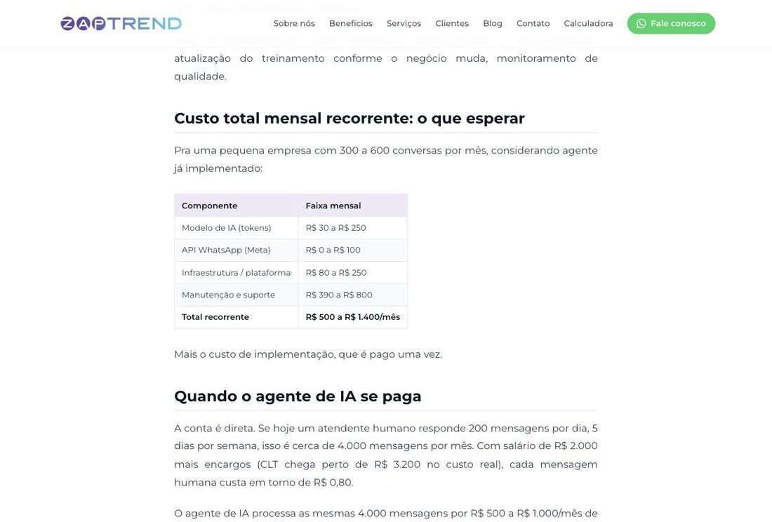 Custo mensal de um agente de IA