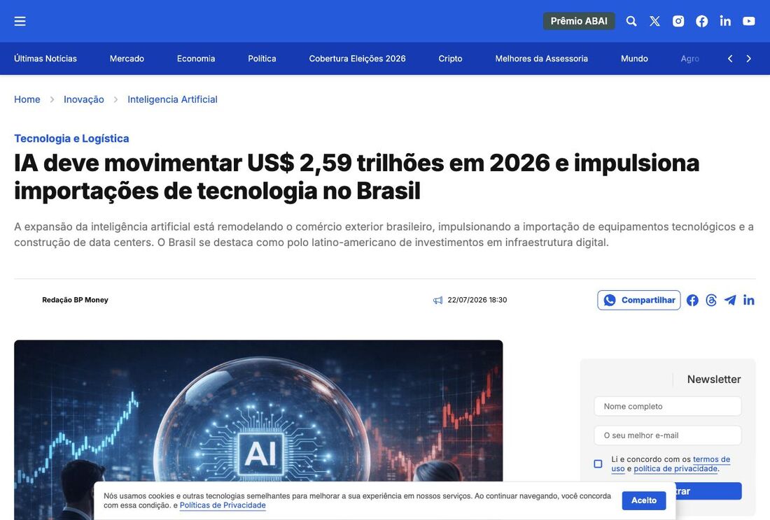 IA deve movimentar US$ 2,59 trilhões em 2026