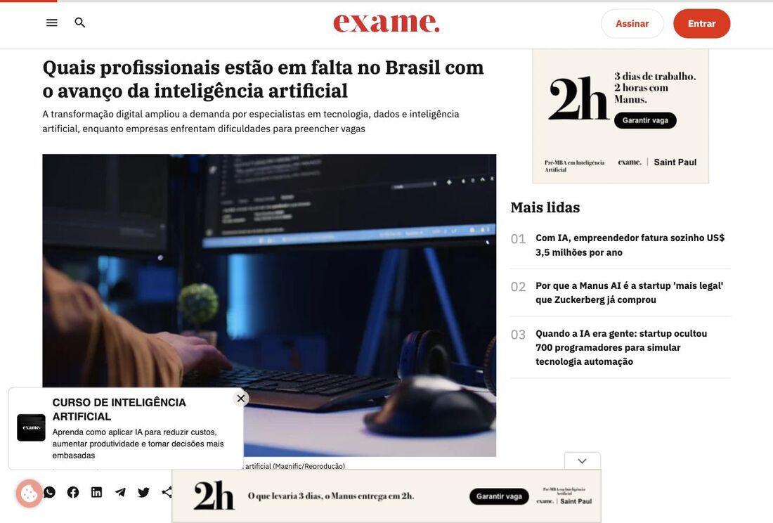 Exame: profissionais em falta no Brasil com o avanco da IA